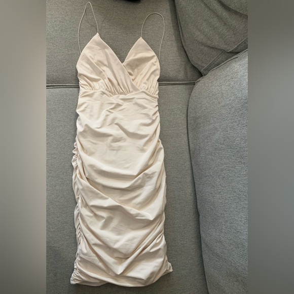 Oh Polly Ruched Bodycon Knee Length Dress in Oyster White/ Cream - Picture 2 of 6